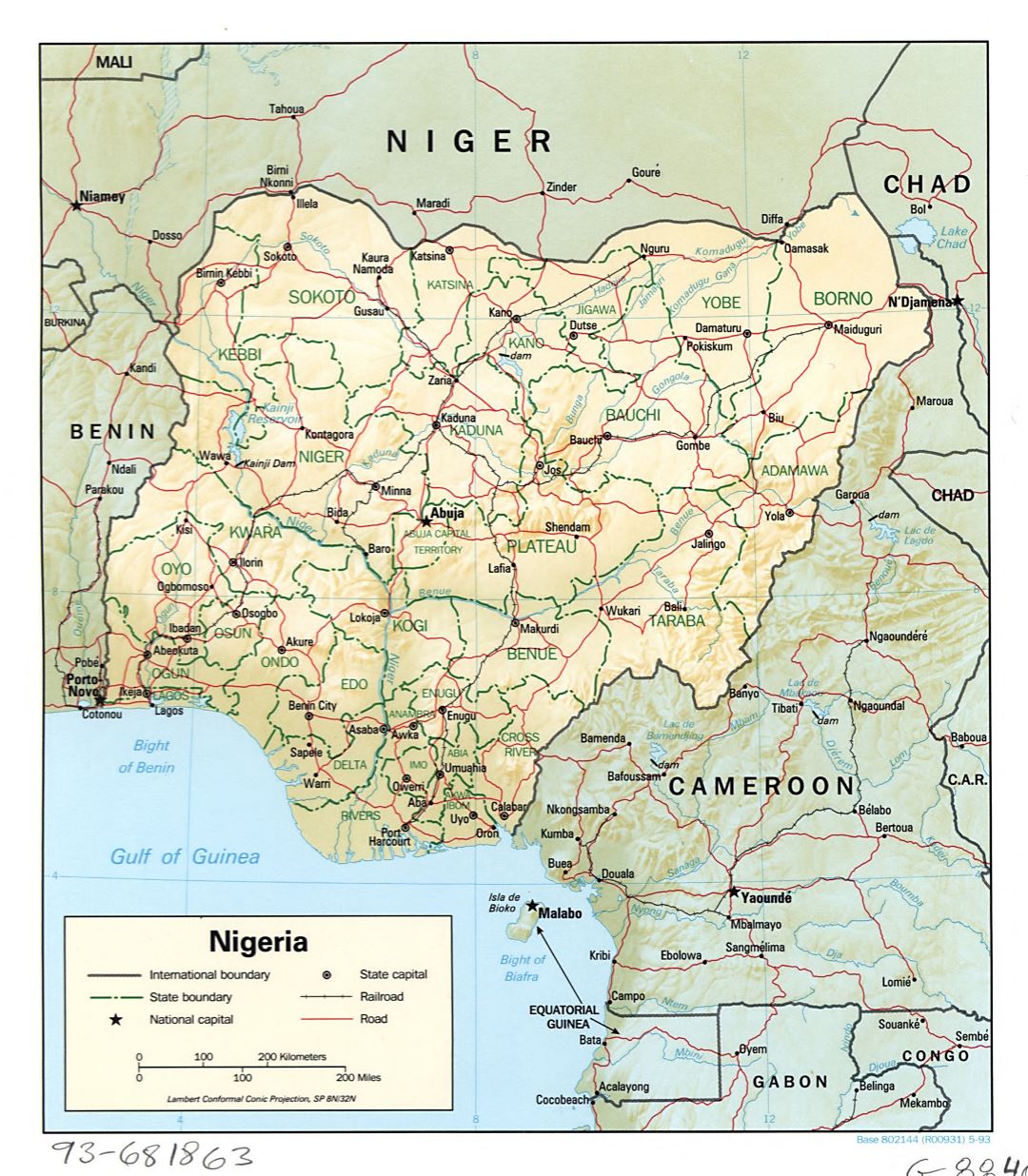 Large detailed political and administrative map of Nigeria with relief, roads, railroads and major cities - 1993