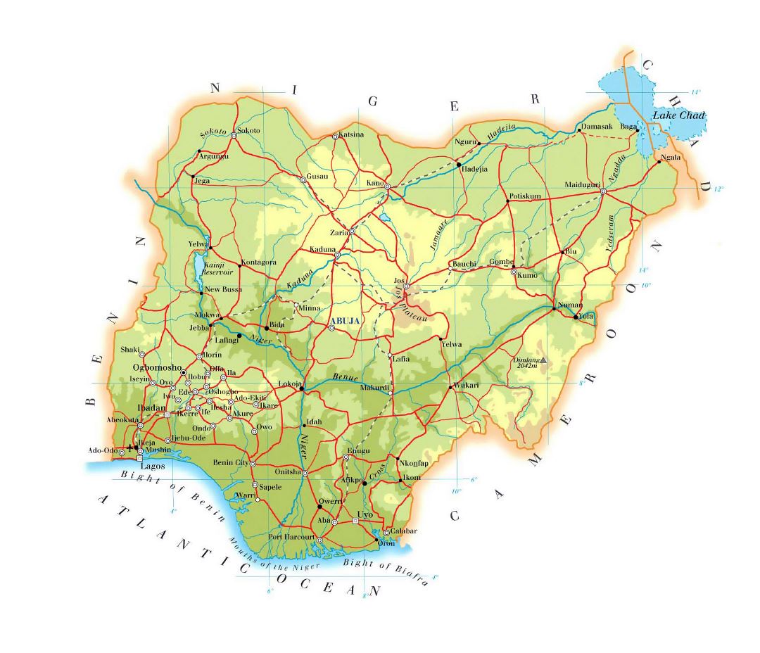 Large elevation map of Nigeria with roads, railroads, cities and airports
