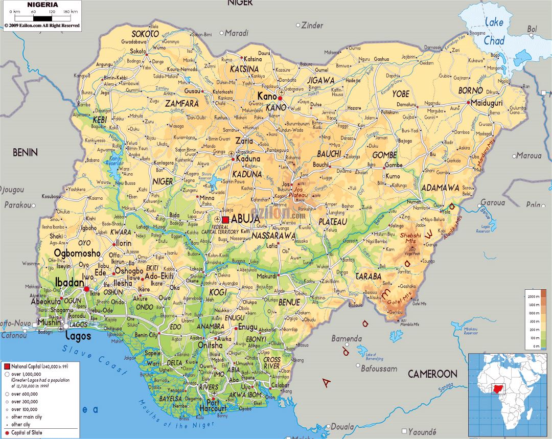 Large physical map of Nigeria with roads, cities and airports