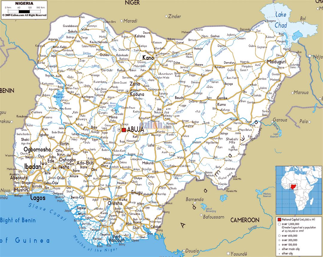 Large road map of Nigeria with cities and airports