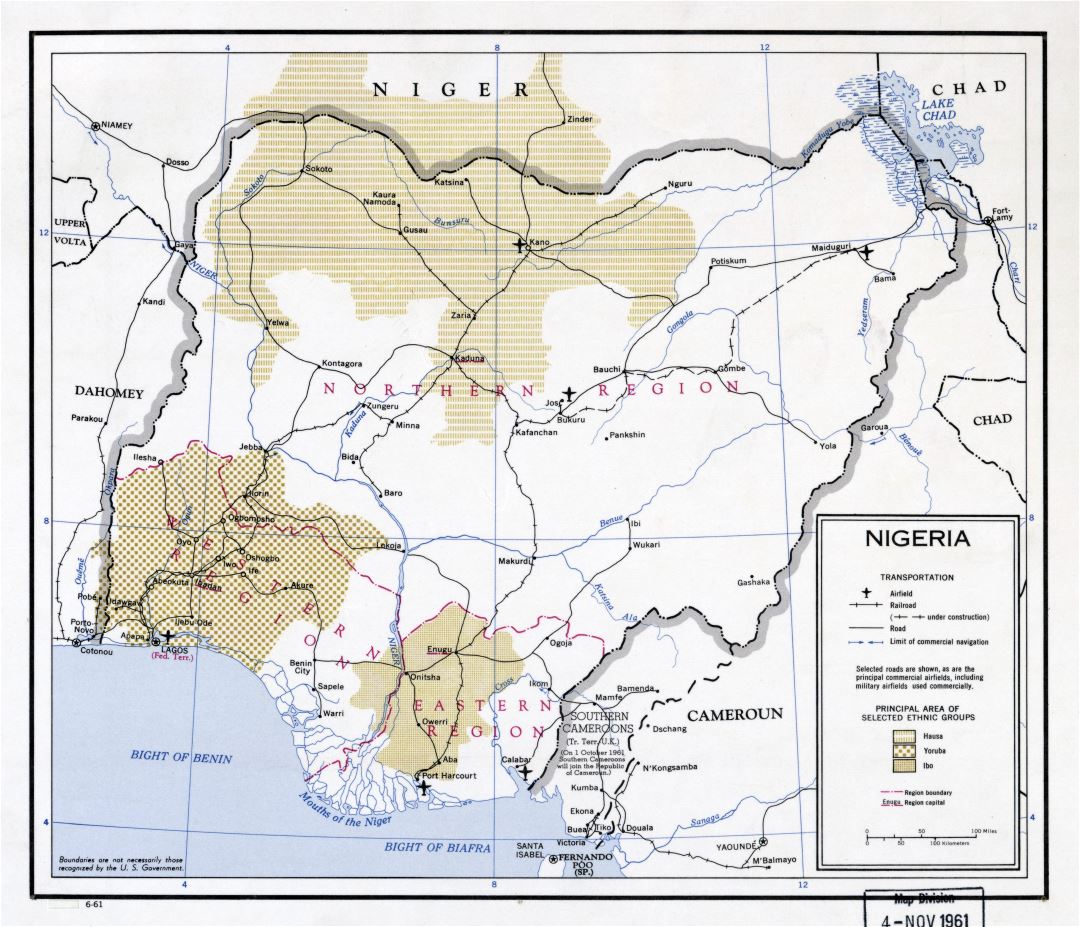 Large scale map of Nigeria with roads, railroads, major cities and airports - 1961