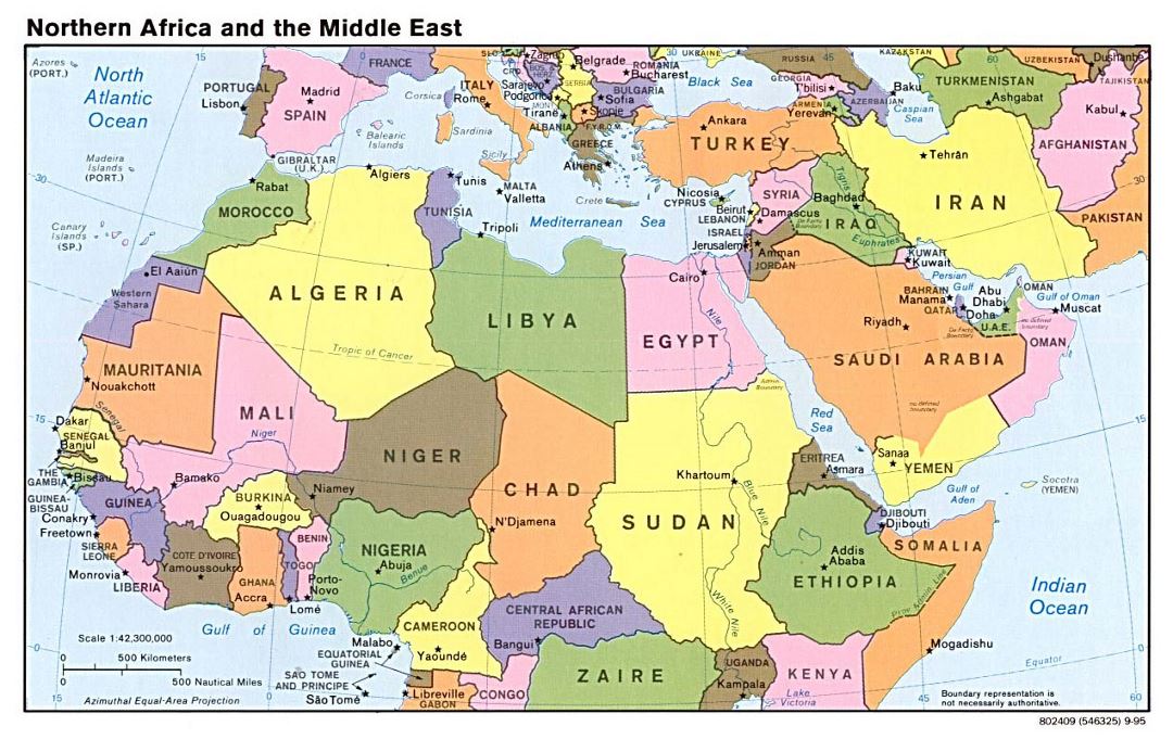 Detailed political map of North Africa and the Middle East with capitals - 1995