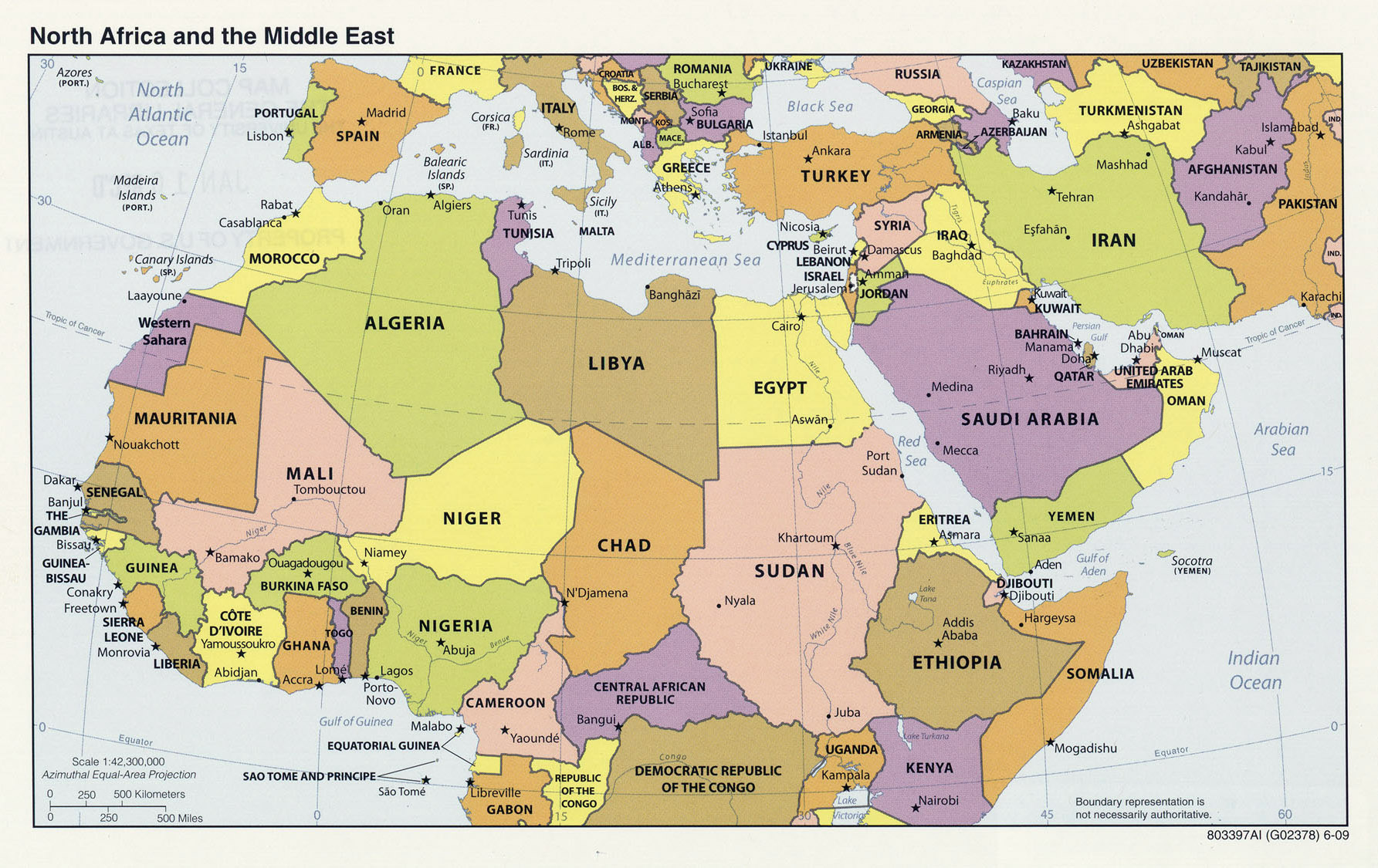 Large political map of North Africa and the Middle East with capitals