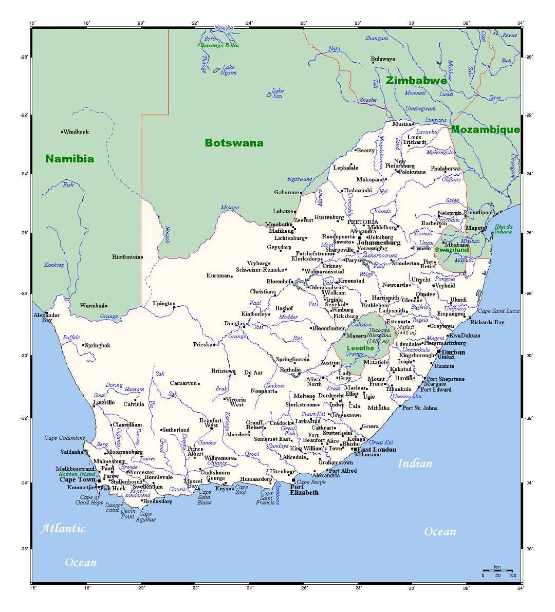 Detailed map of South Africa with all cities