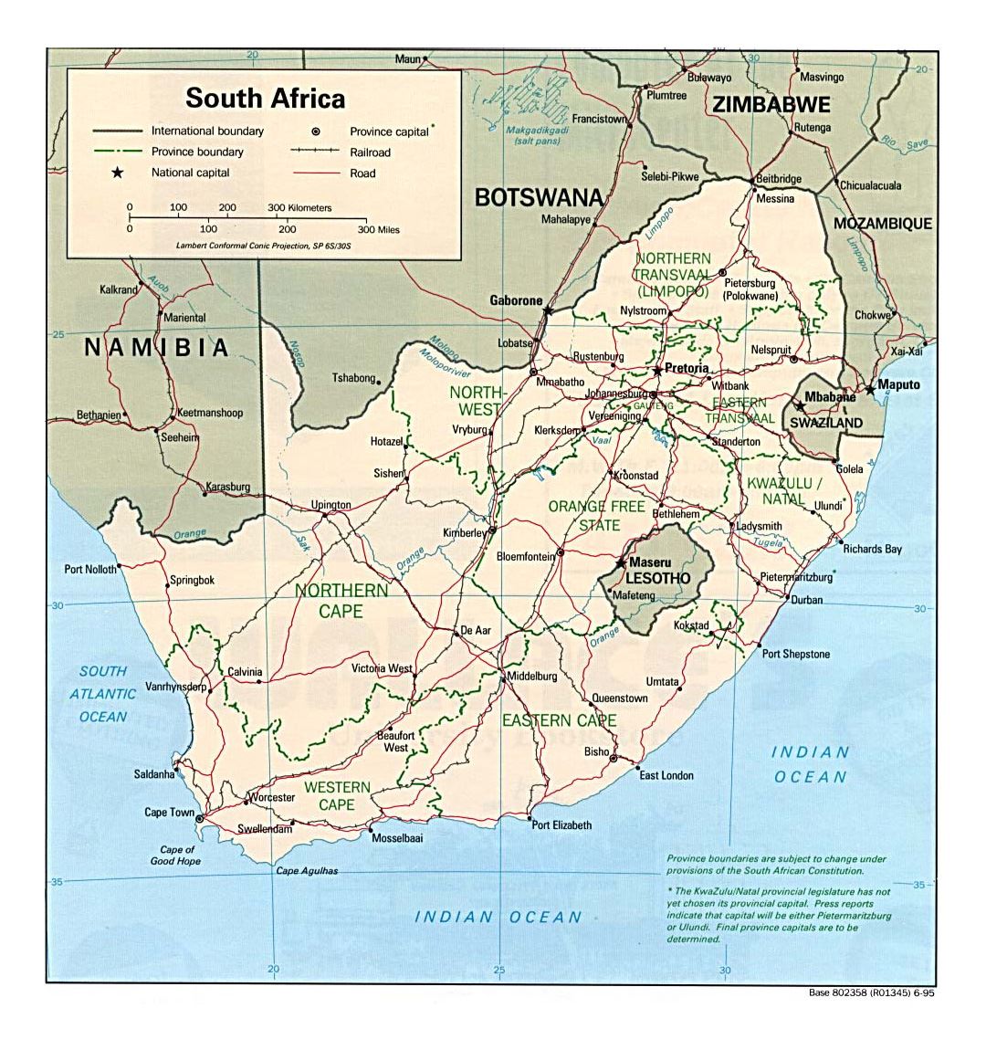 Detailed political and administrative map of South Africa with roads, railroads and major cities - 1995