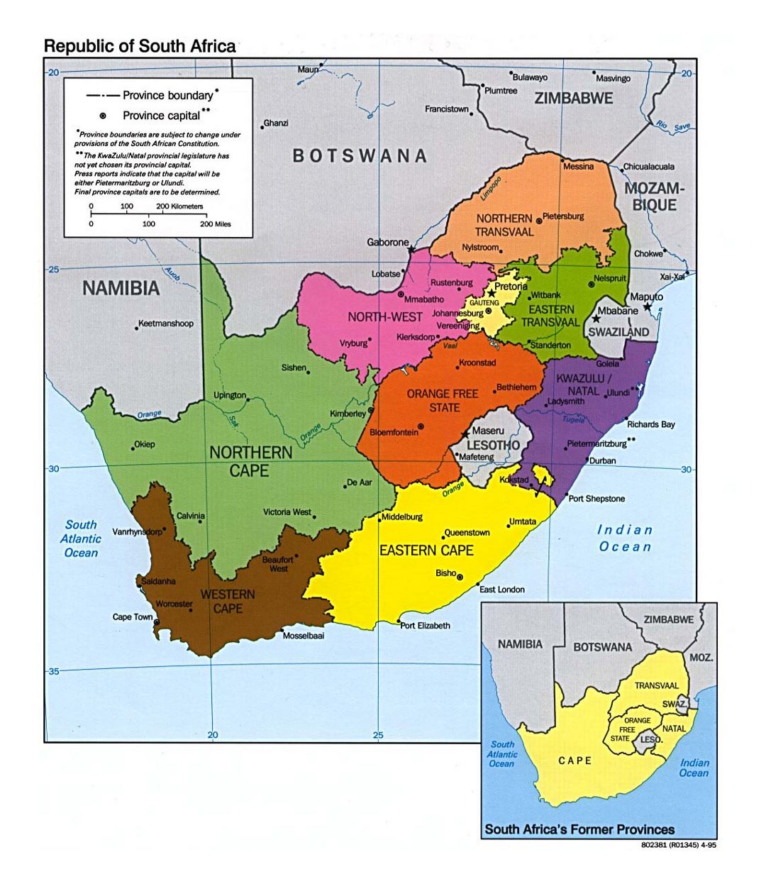 Detailed provinces map of South Africa - 1995