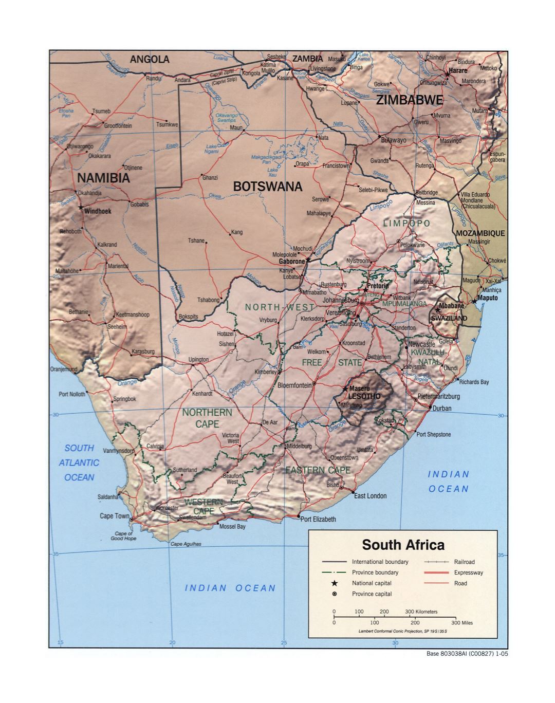 Large detailed political and administrative map of South Africa with relief, roads, railroads and major cities - 2005