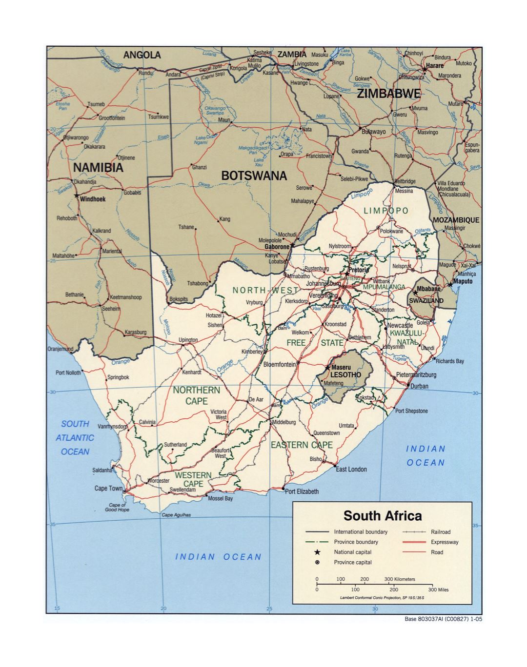 Large detailed political and administrative map of South Africa with roads, railroads and major cities - 2005