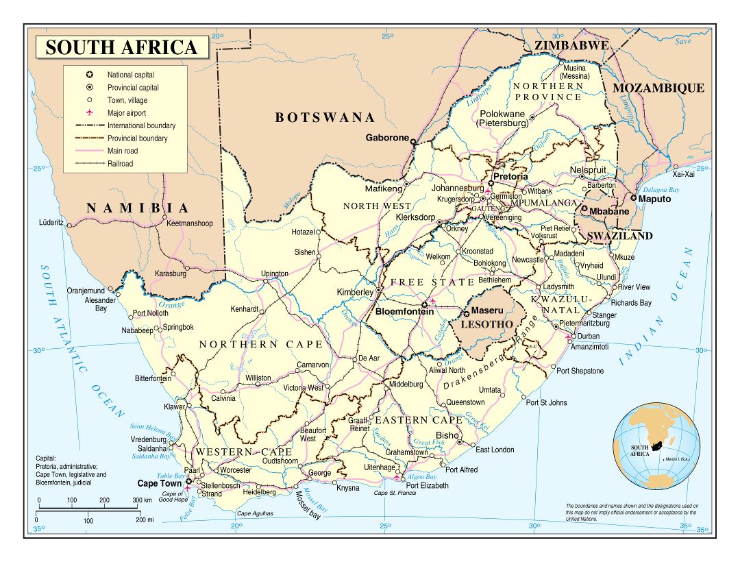Large detailed political and administrative map of South Africa with roads, railroads, cities and airports
