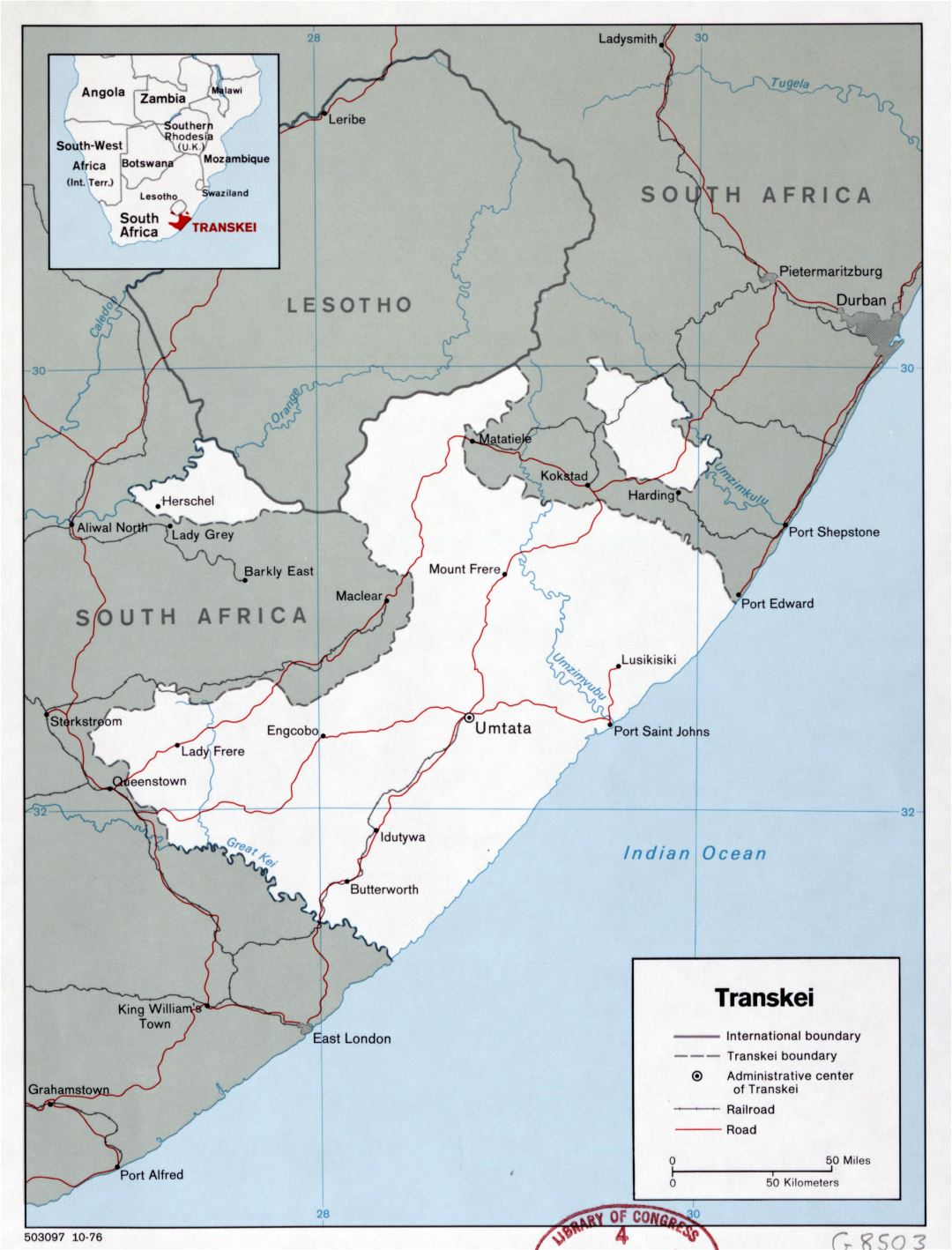 Large detailed political map of Transkei with roads, railroads and major cities - 1976