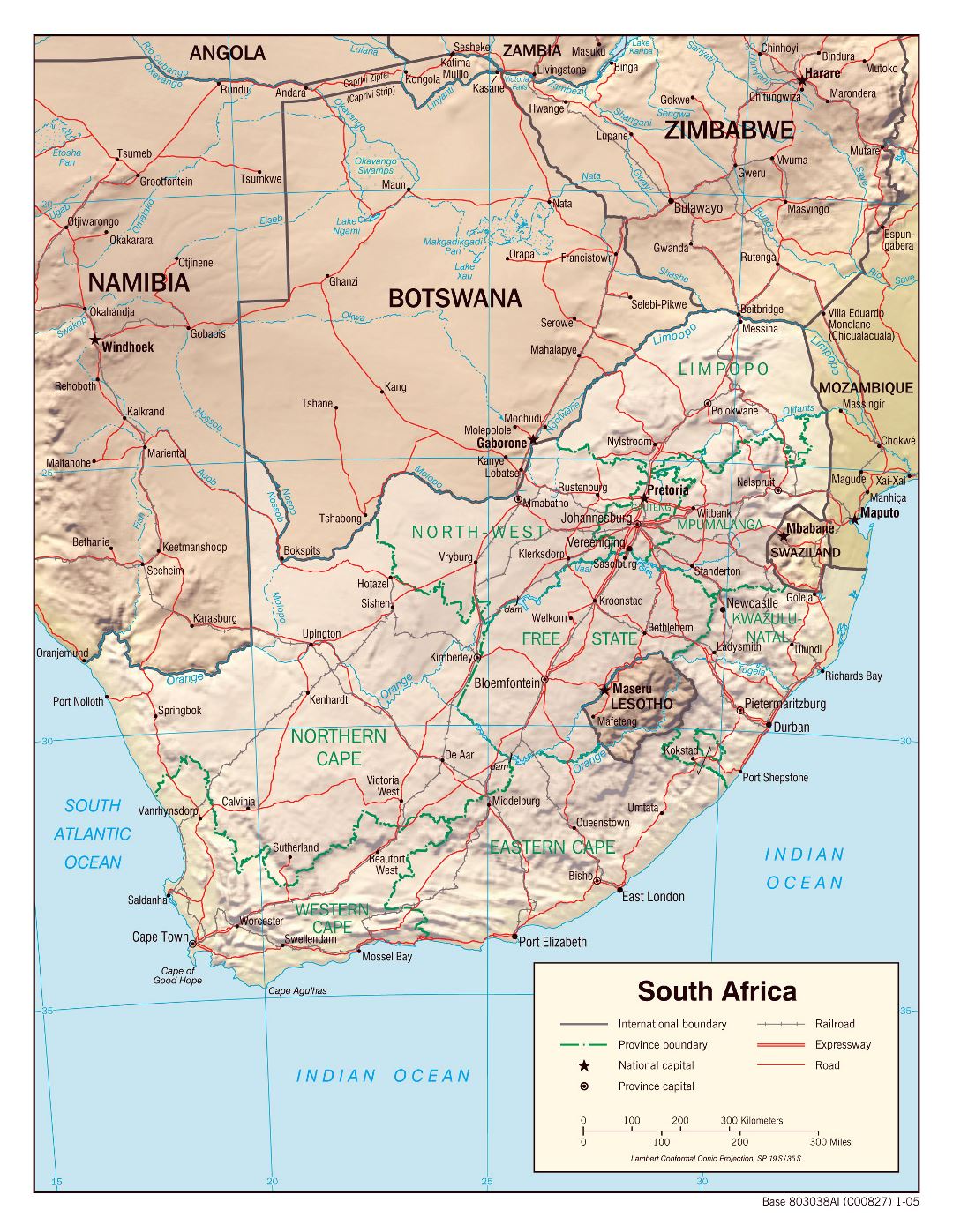 Large political and administrative map of South Africa with relief, roads, railroads and major cities - 2005