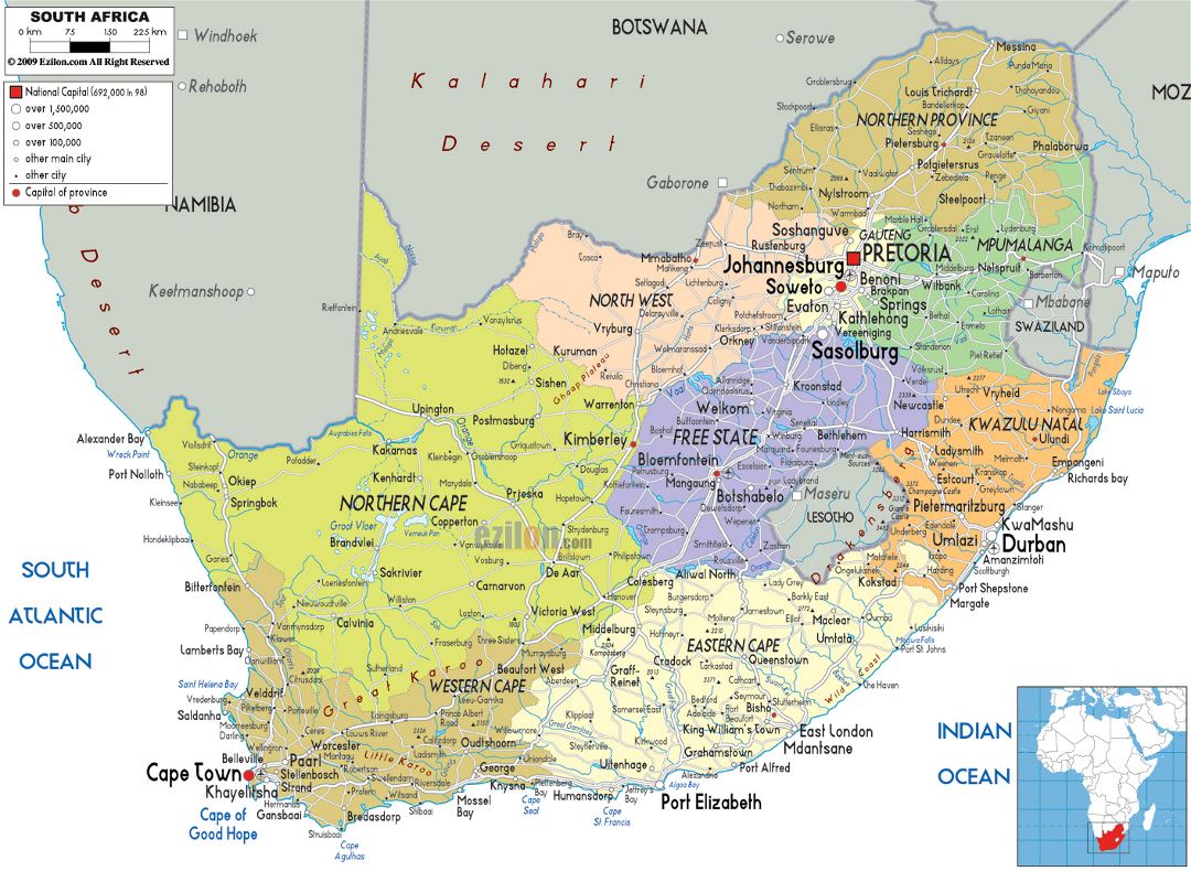Large political and administrative map of South Africa with roads, cities and airports