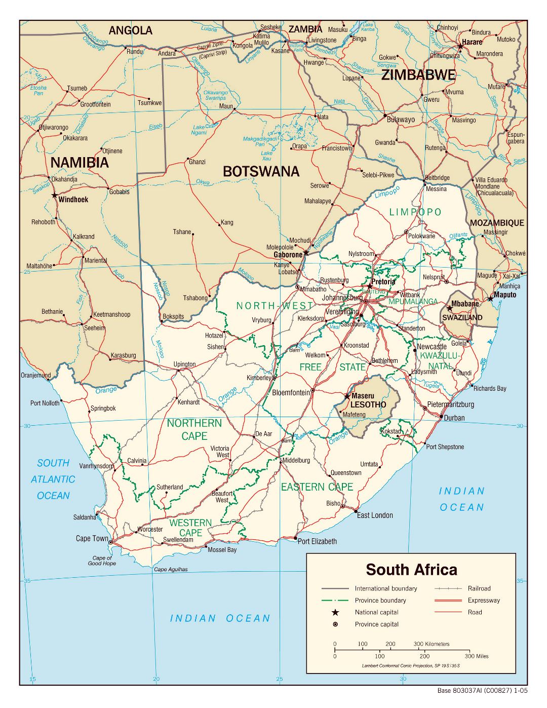 Large political and administrative map of South Africa with roads, railroads and major cities - 2005