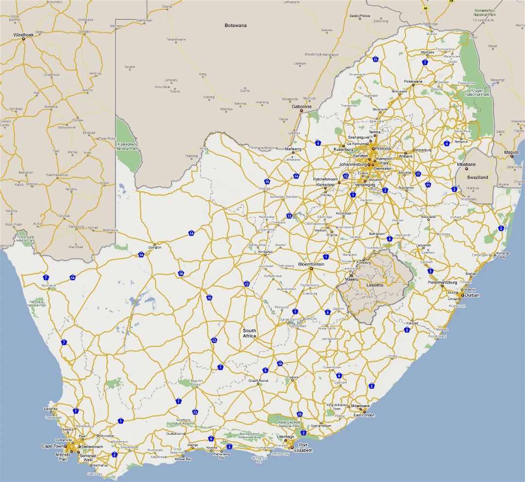 Large road map of South Africa with cities