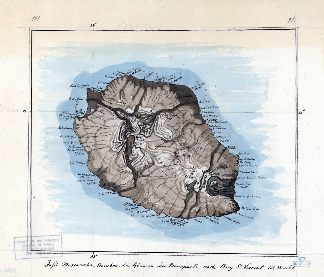 Large detailed old map of Reunion with relief - 1802