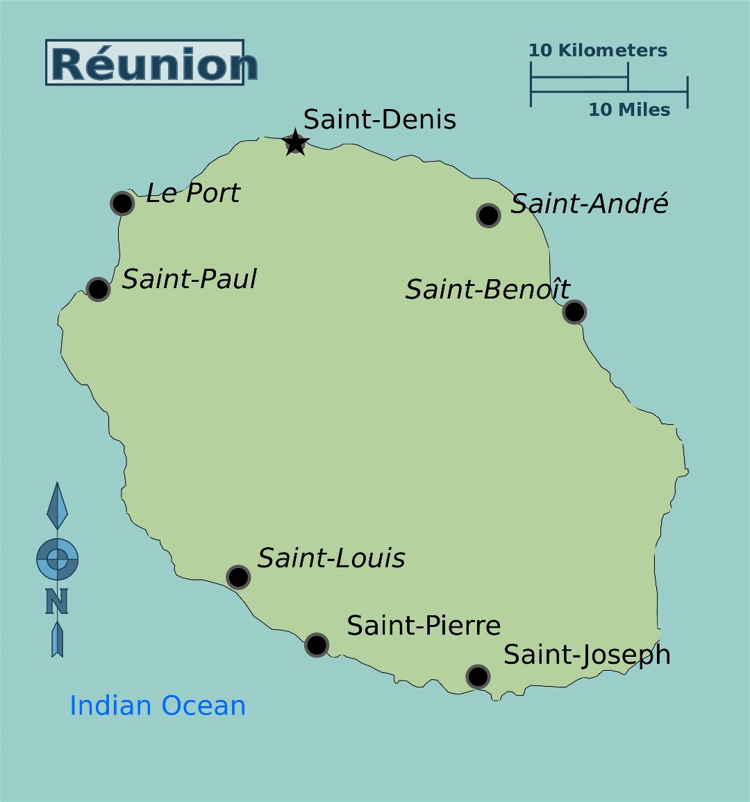 Large map of Reunion with cities