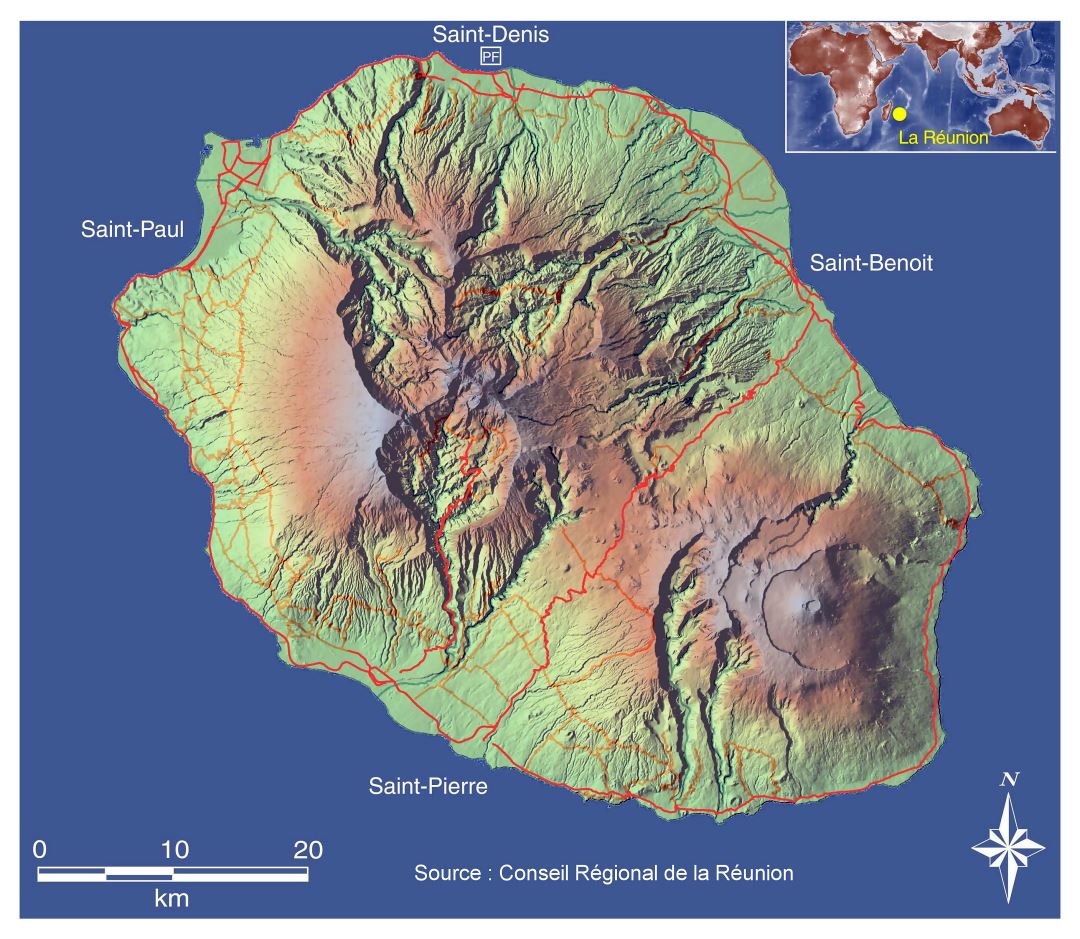 Large topographical map of Reunion
