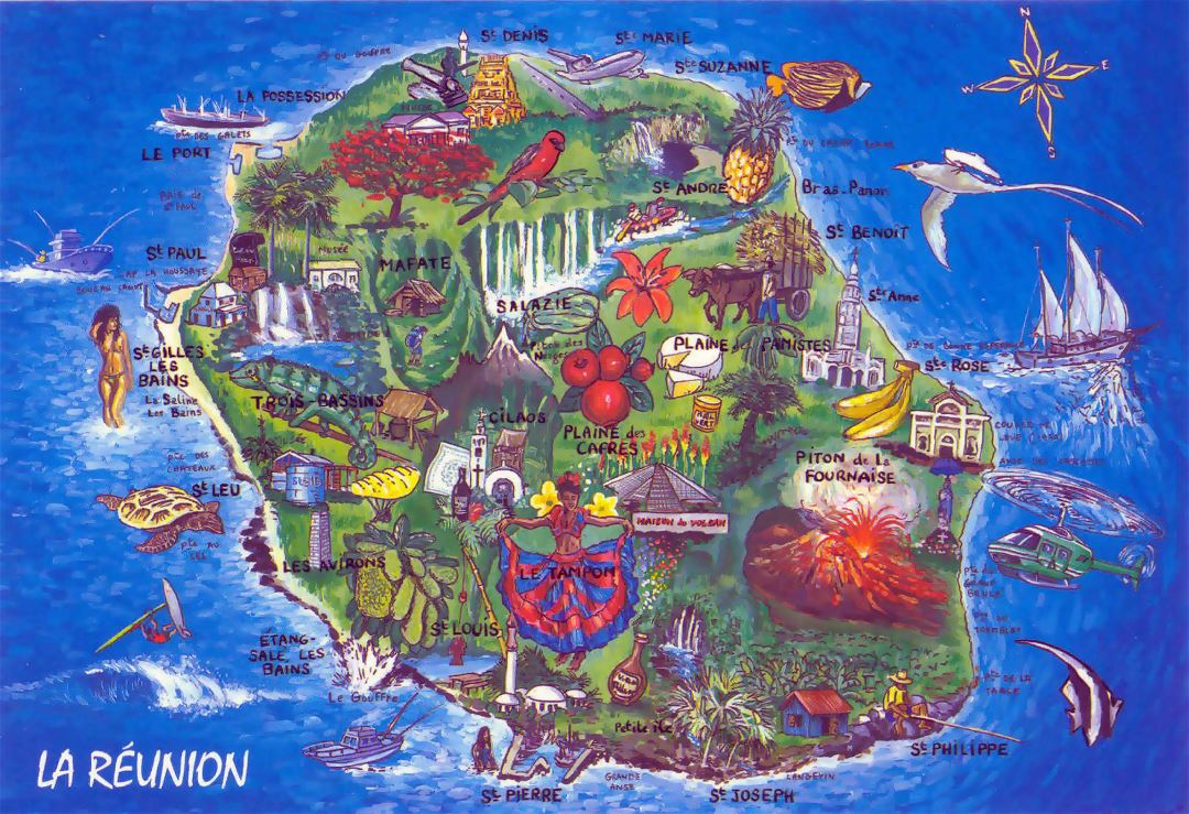 Large tourist illustrated map of Reunion