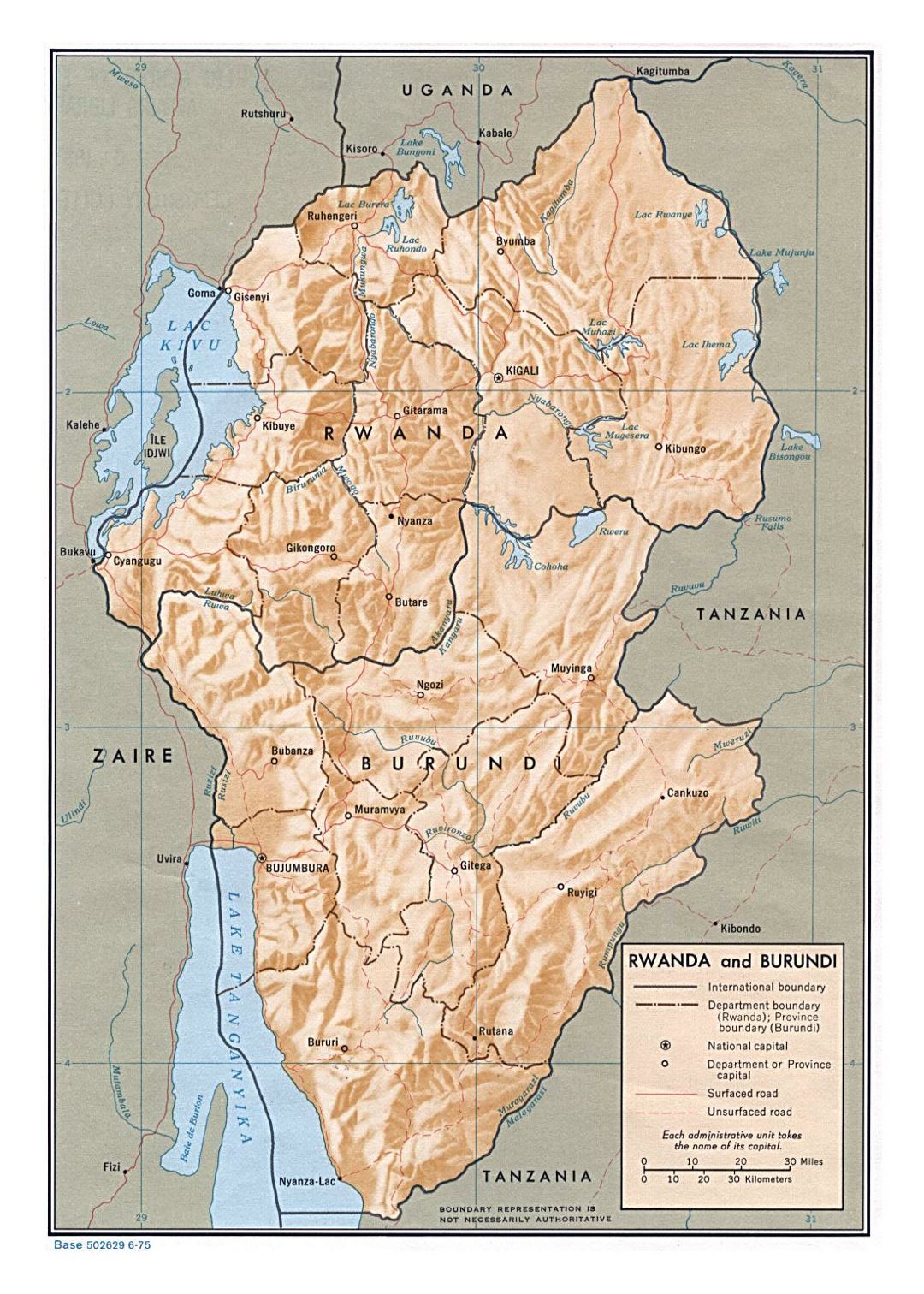 Detailed political and administrative map of Rwanda and Burundi with relief, roads and major cities - 1975