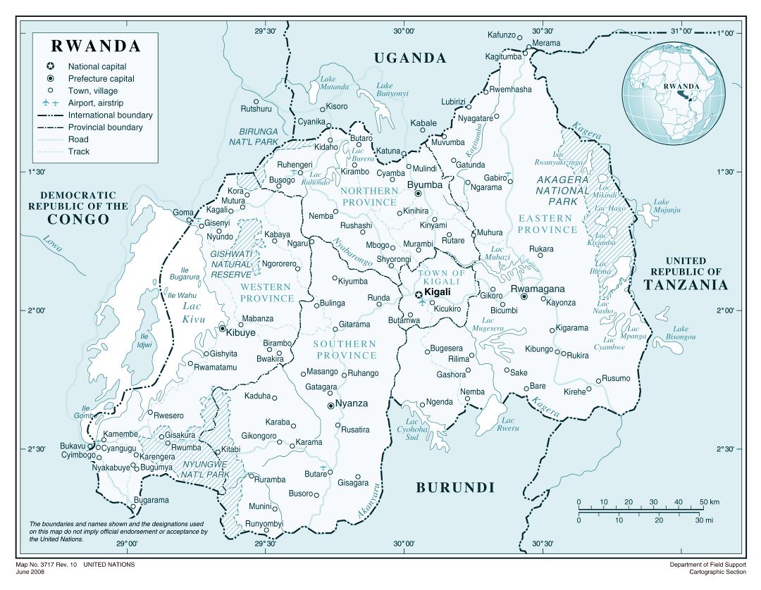Large detailed political and administrative map of Rwanda with all roads, cities and airports
