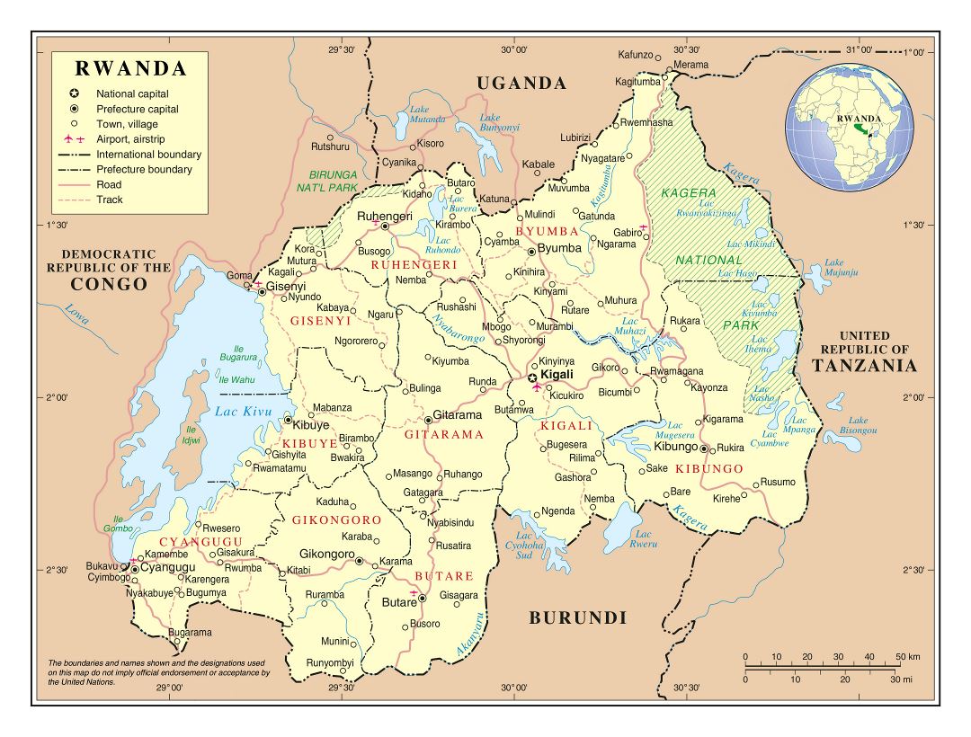 Large detailed political and administrative map of Rwanda with roads, cities and airports