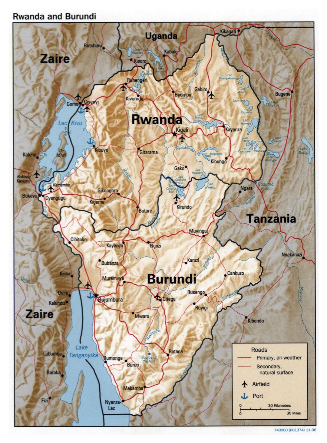 Large political map of Rwanda and Burundi with relief, roads, major cities, ports and airports - 1996