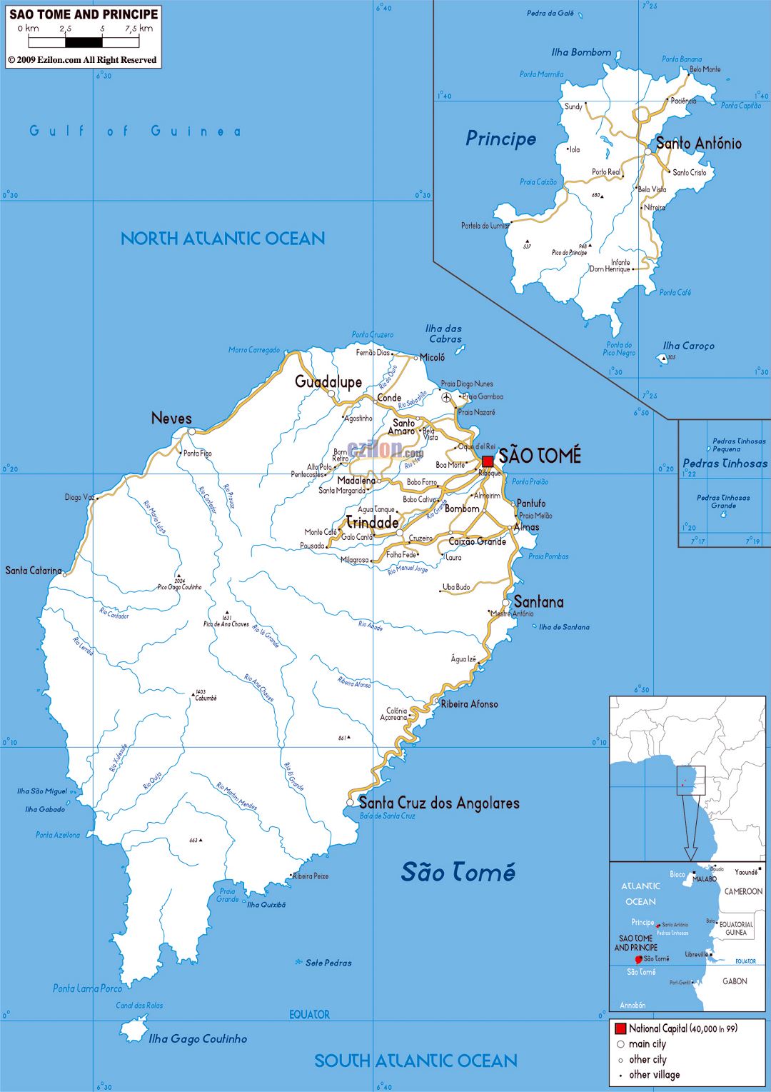Large road map of Sao Tome and Principe with cities and airports