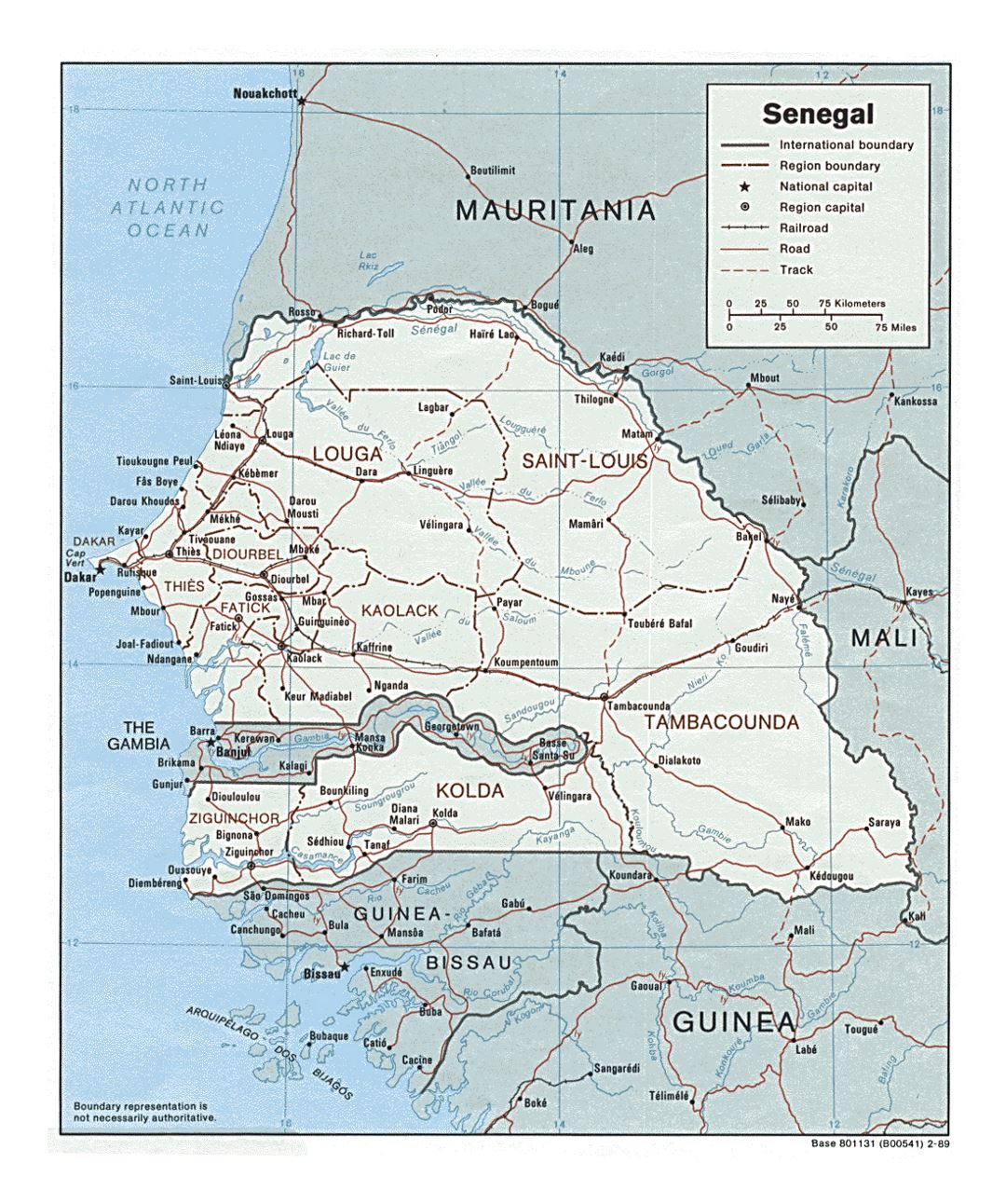 Detailed political and administrative map of Senegal with roads, railroads and major cities - 1989