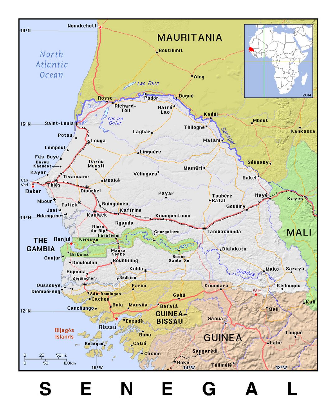 Detailed political map of Senegal with relief