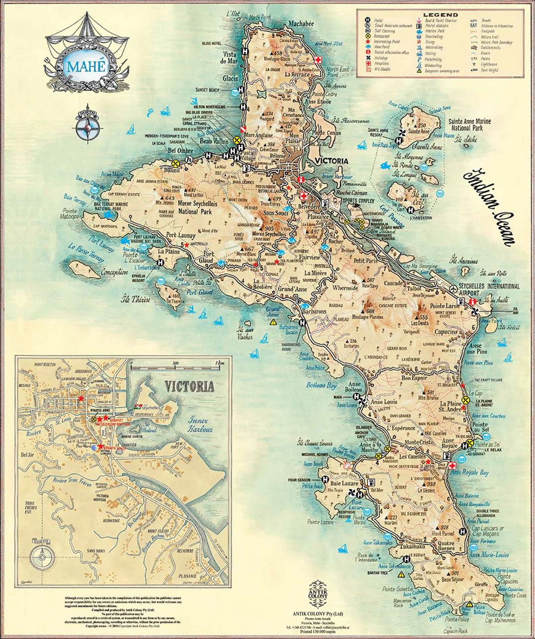 Detailed travel map of Mahe Island, Seychelles with other marks