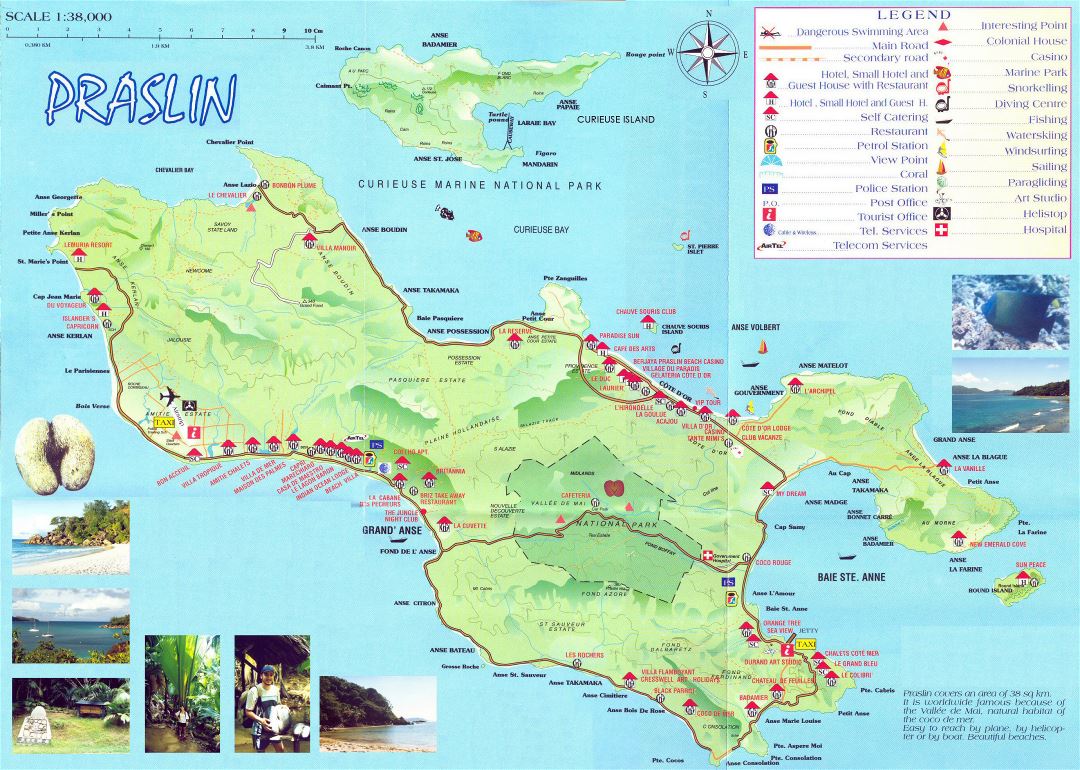 Large detailed tourist map of Praslin Island (Seychelles)