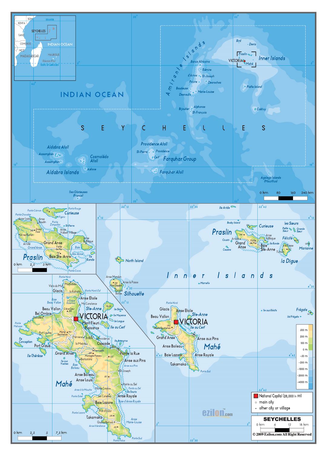 Large physical map of Seychelles with roads, all cities and airports