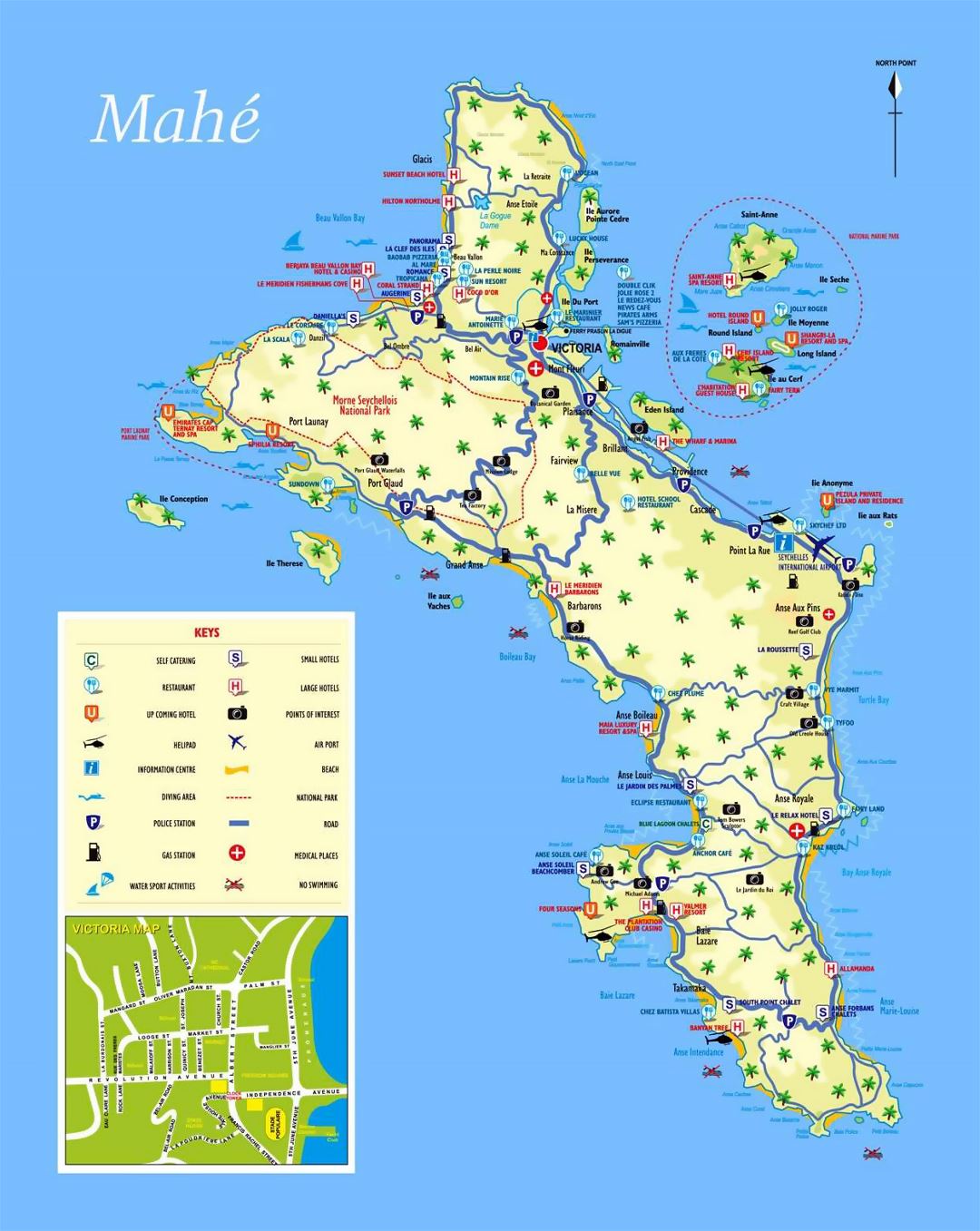 Large tourist map of Mahe Island (Seychelles) with all marks