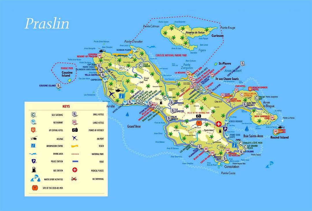 Large tourist map of Praslin Island (Seychelles) with all marks