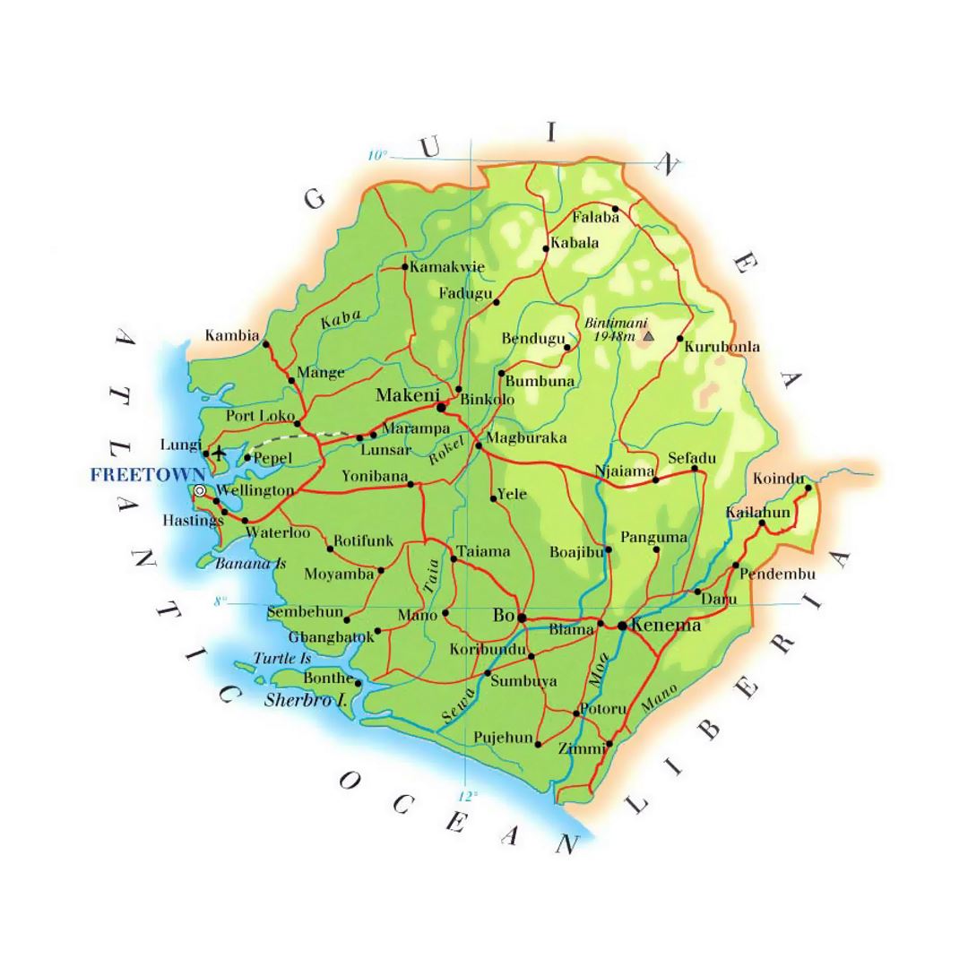 Detailed elevation map of Sierra Leone with roads, railroads, cities and airports
