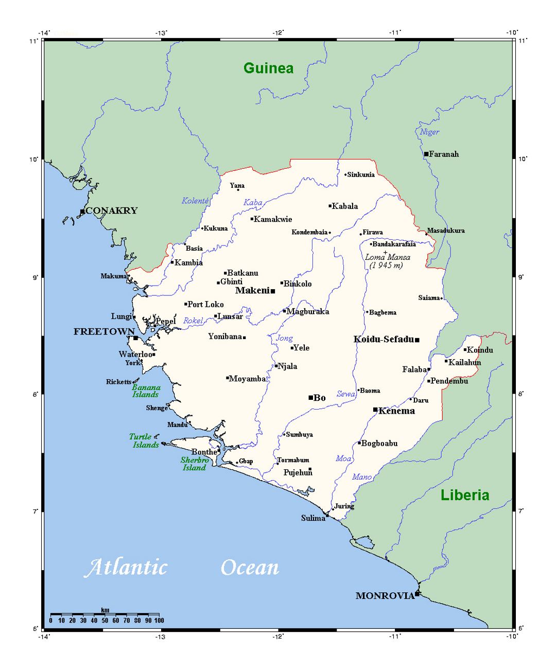 Detailed map of Sierra Leone with all cities