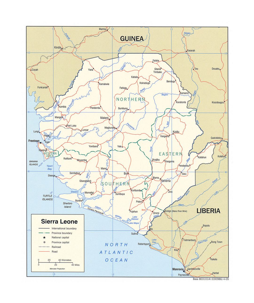 Detailed political and administrative map of Sierra Leone with roads, railroads and major cities - 2005