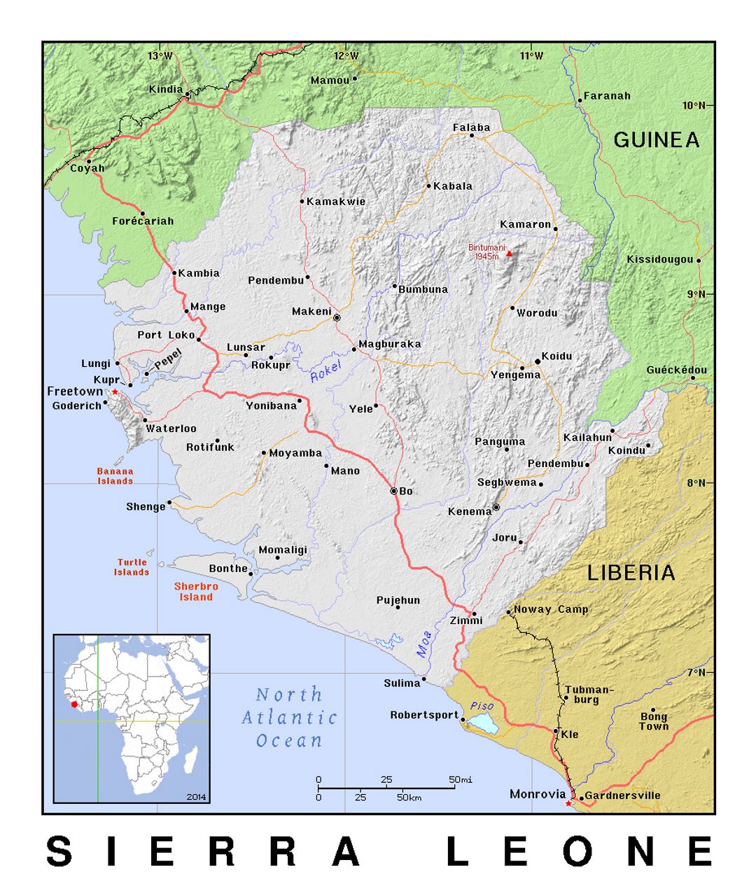 Detailed political map of Sierra Leone with relief