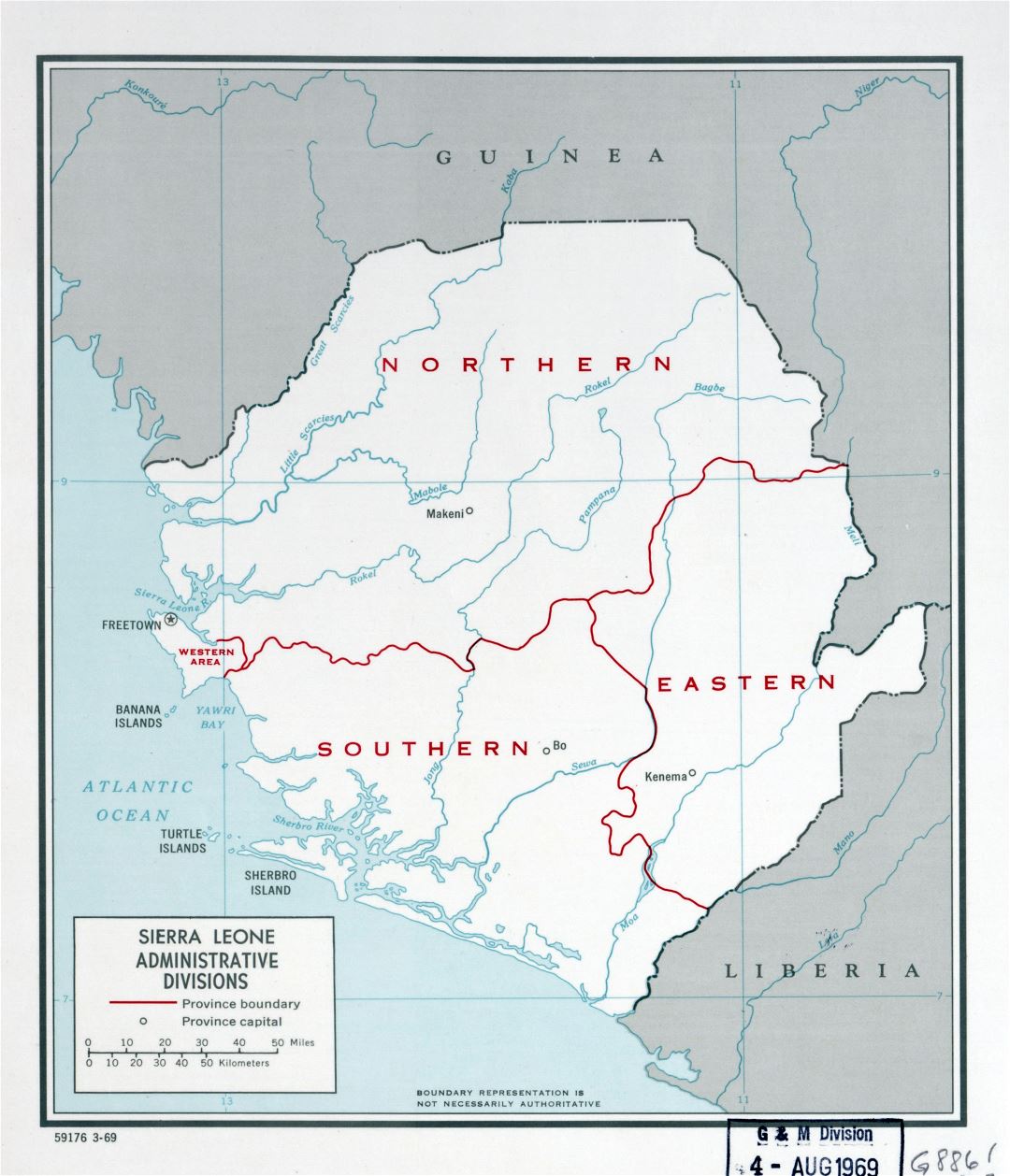 Large detailed administrative divisions map of Sierra Leone - 1969