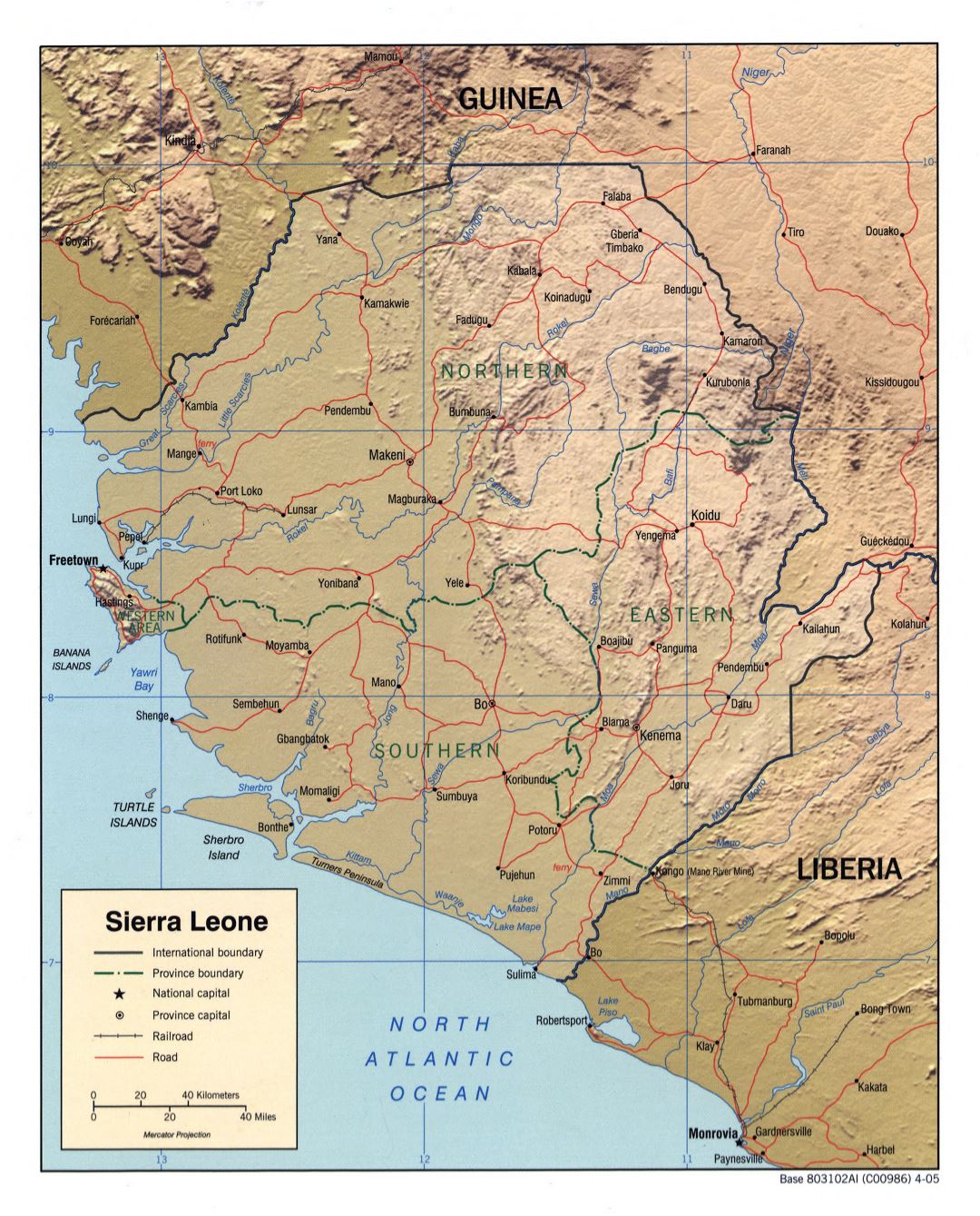 Large detailed political and administrative map of Sierra Leone with relief, roads, railroads and major cities - 2005