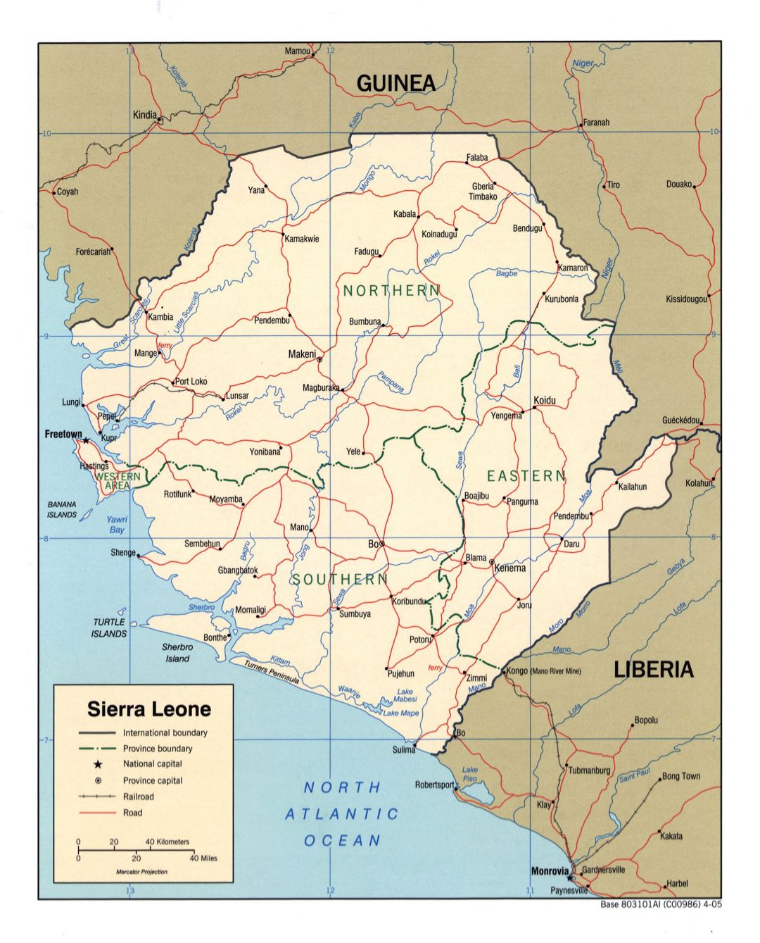 Large detailed political and administrative map of Sierra Leone with roads, railroads and major cities - 2005