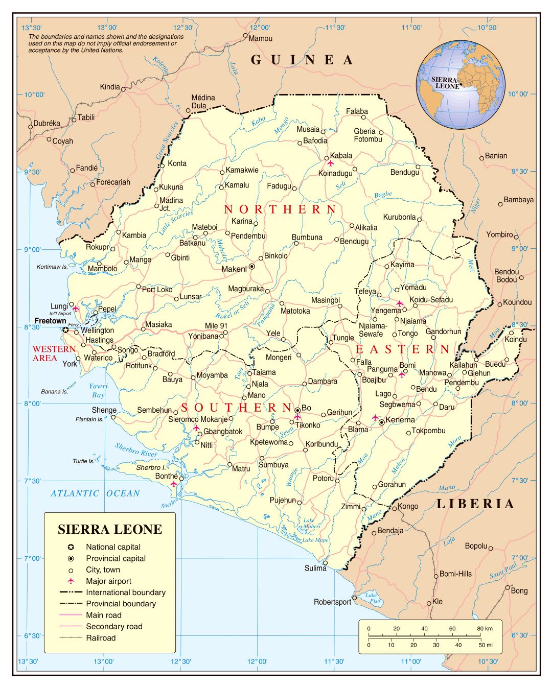 Large detailed political and administrative map of Sierra Leone with roads, railroads, cities and airports