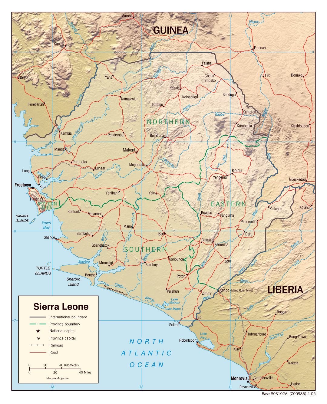 Large political and administrative map of Sierra Leone with relief, roads, railroads and major cities - 2005