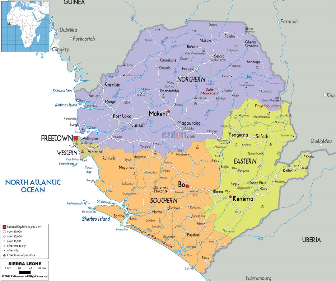 Large political and administrative map of Sierra Leone with roads, cities and airports