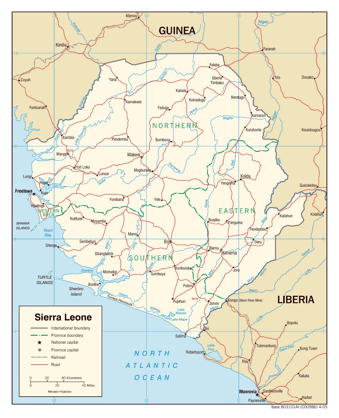 Large political and administrative map of Sierra Leone with roads, railroads and major cities - 2005