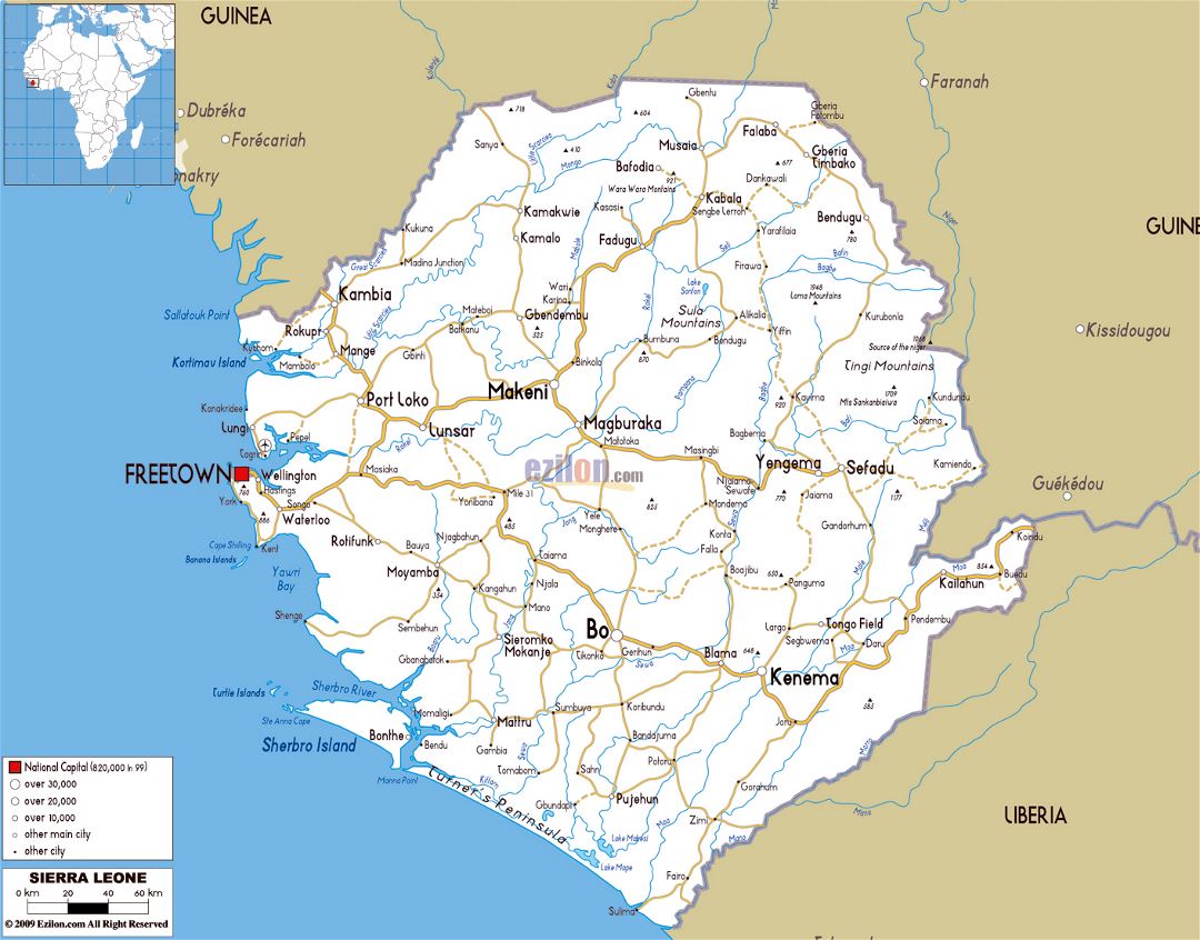 Large road map of Sierra Leone with cities and airports