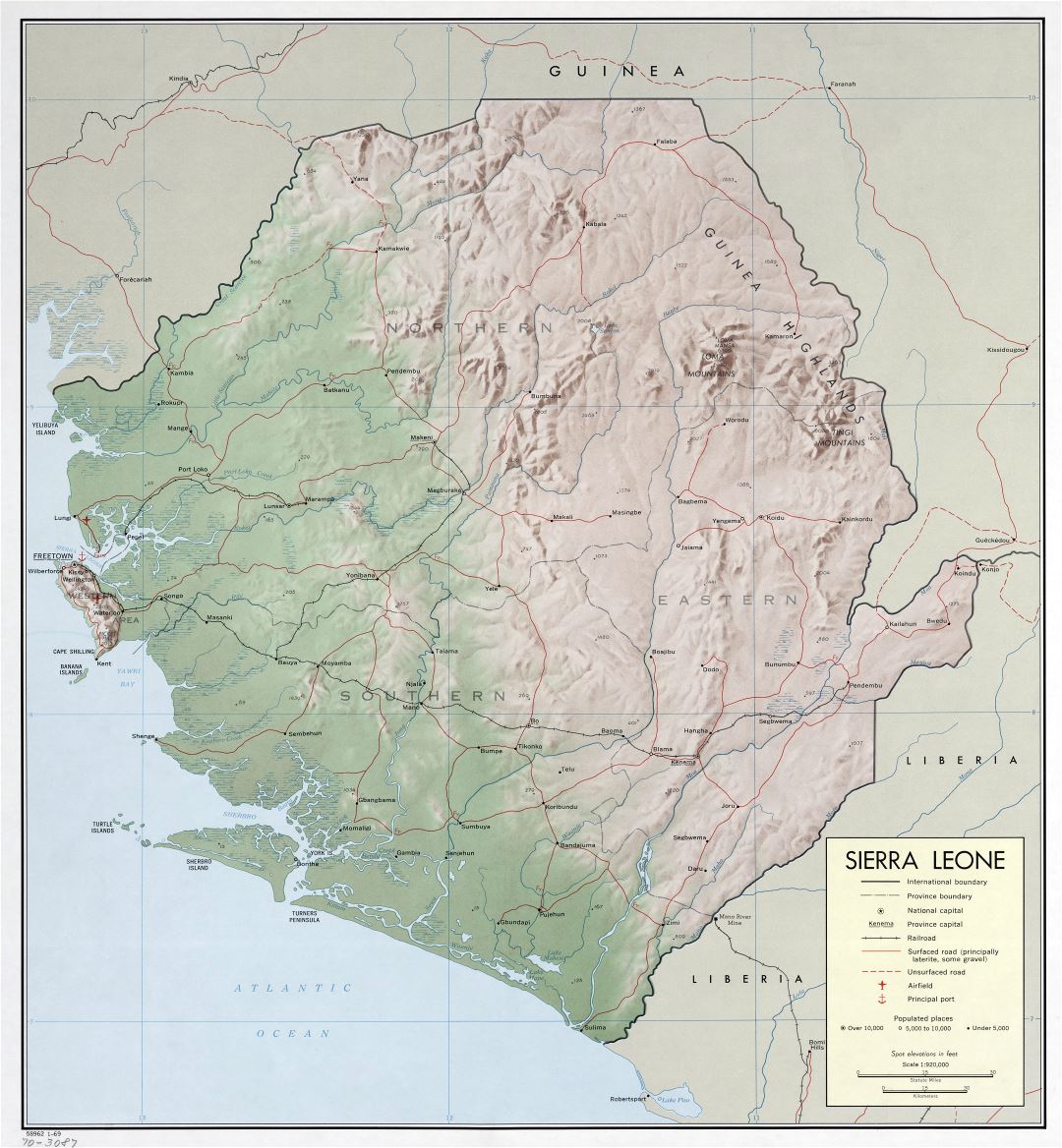 Large scale detailed political and administrative map of Sierra Leone with relief, roads, railroads, cities, ports and airports - 1969