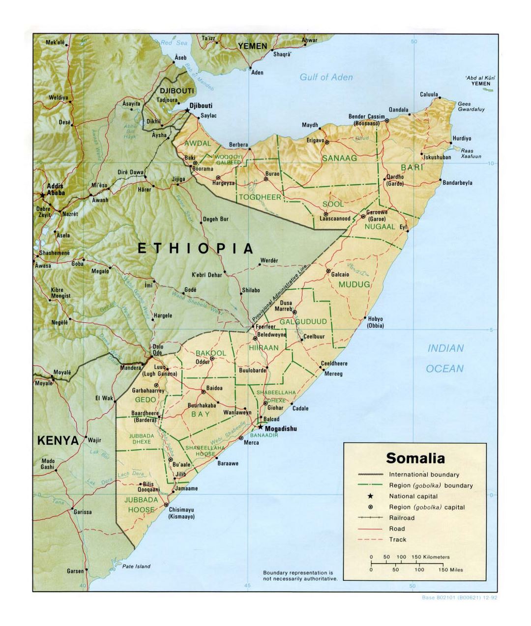 Detailed political and administrative map of Somalia with relief, roads, railroads and major cities - 1992