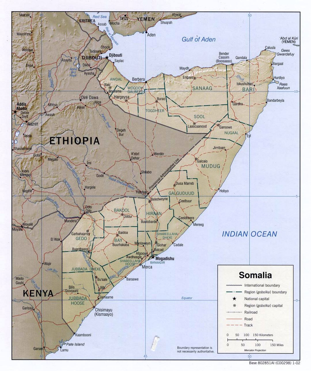 Detailed political and administrative map of Somalia with relief, roads, railroads and major cities - 2002