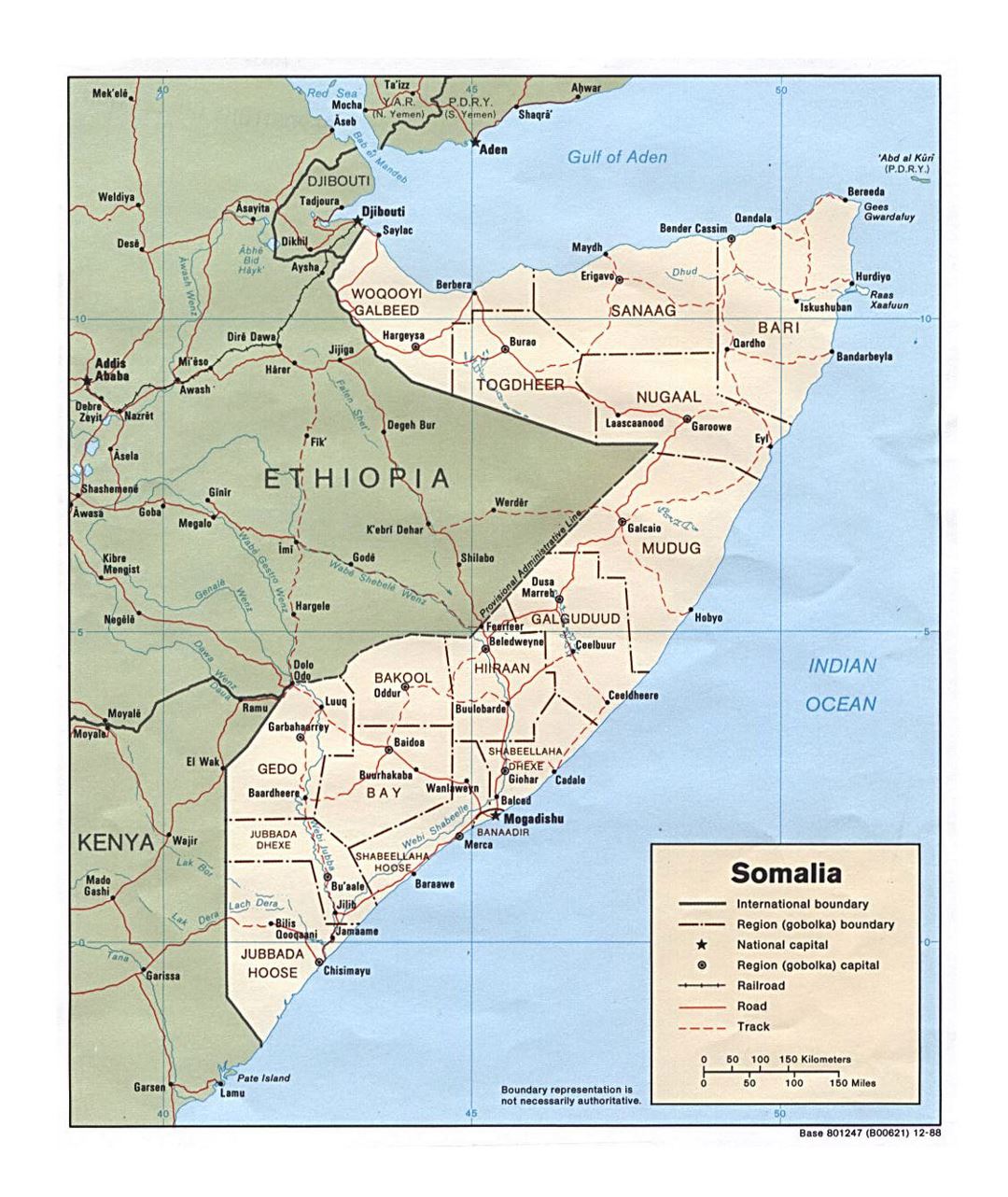 Detailed political and administrative map of Somalia with roads, railroads and cities - 1988